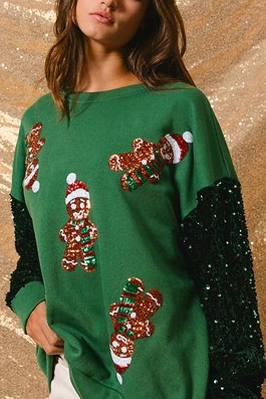 Mune | Christmas Casual Loose Round Neck Sequin Sleeve Sweatshirt