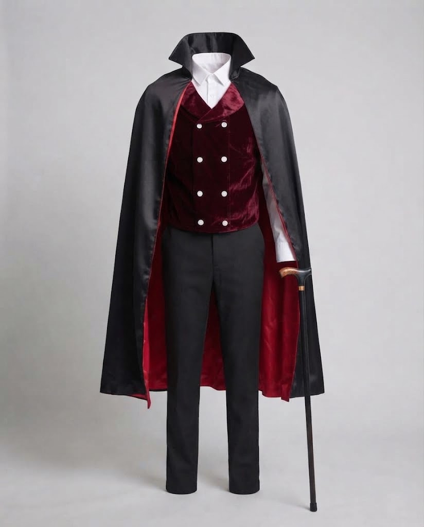 Men's Vampire Costume with Elegant Cape and Embroidered Vest Mune Fashion