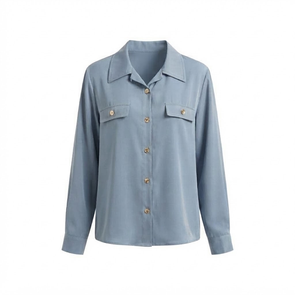 Women Loose Silk Look Shirt Blouse with Golden Decorative Buttons and Patch Pockets Mune Fashion