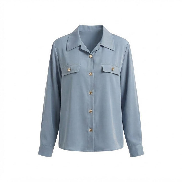 Women Loose Silk Look Shirt Blouse with Golden Decorative Buttons and Patch Pockets Mune Fashion