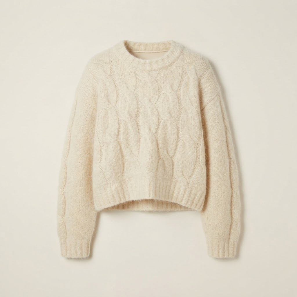 Ladies Short Cut Fluffy Mohair Look Sweater with Balloon Sleeves and Cable Pattern Mune Fashion