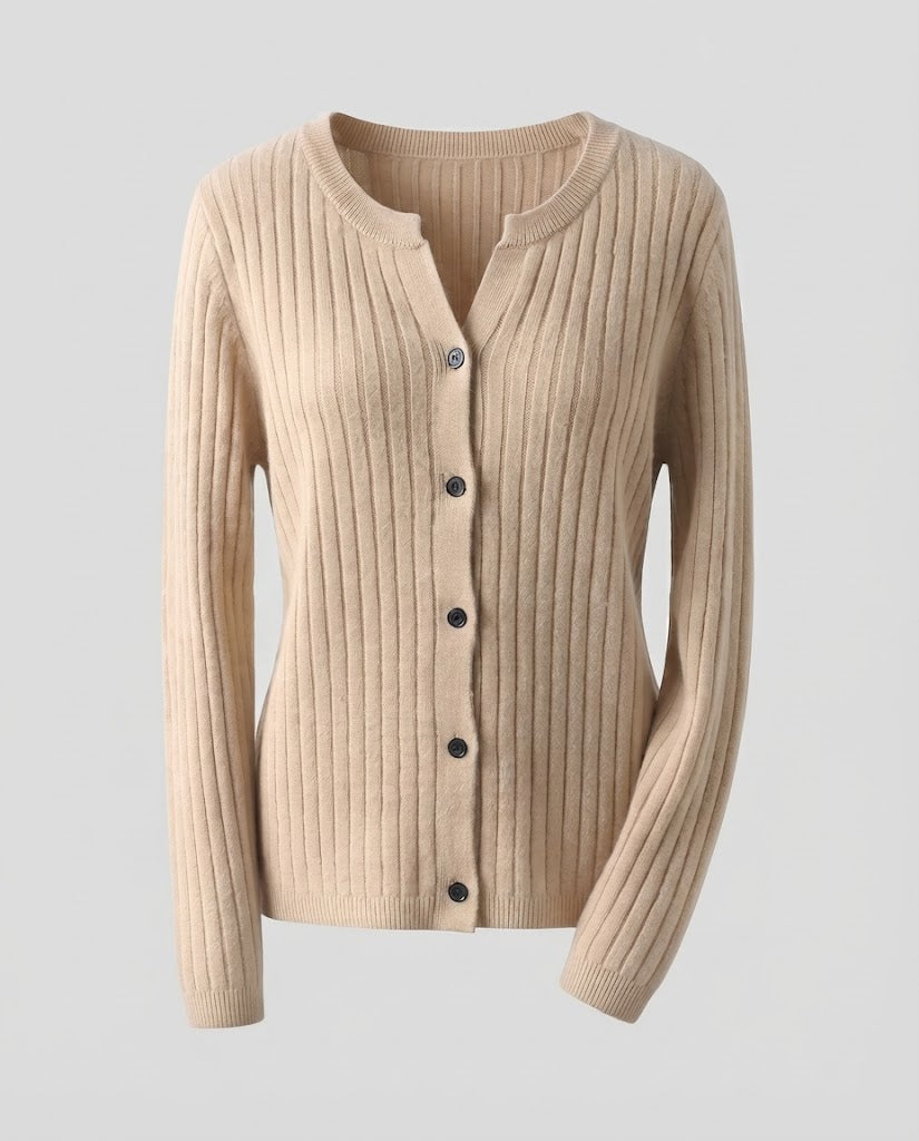 Women Knitted Rib Cardigan with Subtle V-Neck and Button Placket Mune Fashion