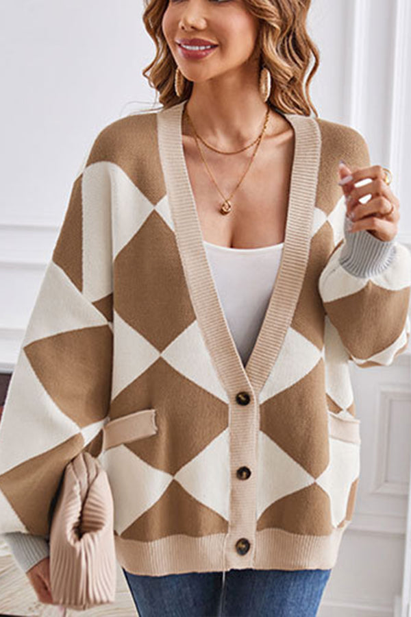 Mune | Neck Geometric Patchwork Contrasting Knit Cardigan Casual Loose Jacket