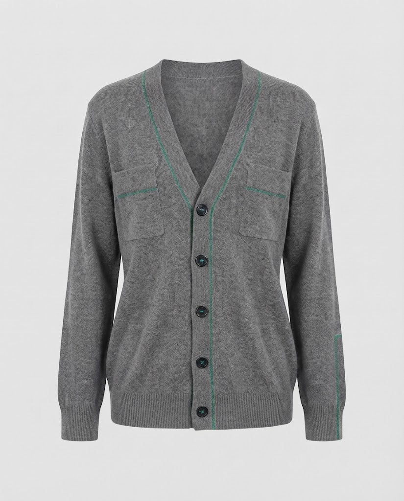Women's Fine V-Neck Cardigan made of soft wool blend with contrast stitching Mune Fashion