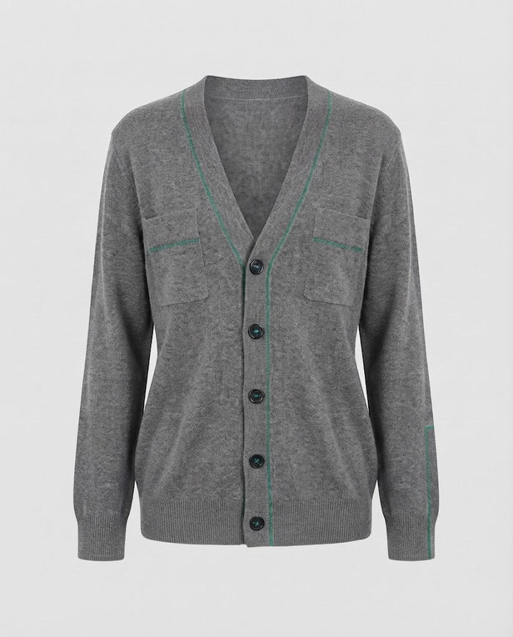 Women's Fine V-Neck Cardigan made of soft wool blend with contrast stitching Mune Fashion