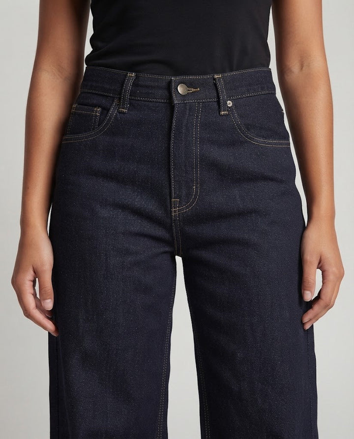 Women's Wide Denim Palazzo Pants with Drop Crotch and Contrast Stitches Mune Fashion