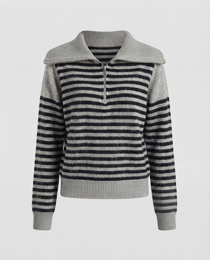 Women's Striped Short Sweater in Fluffy Mohair Look with Half Zipper and Overlapping Collar Mune Fashion