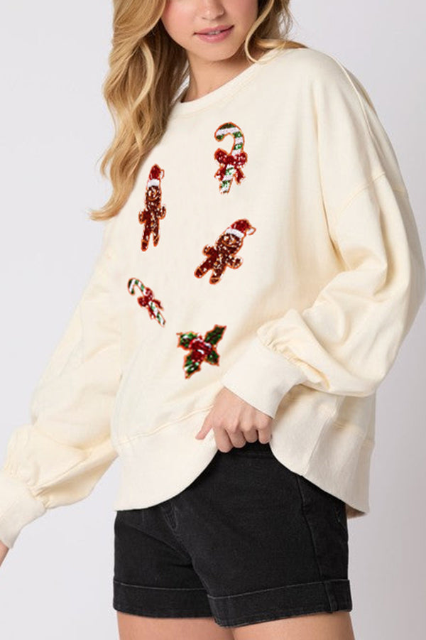Mune | Christmas Gingerbread Man Sequin Casual Long Sleeve Sweatshirt