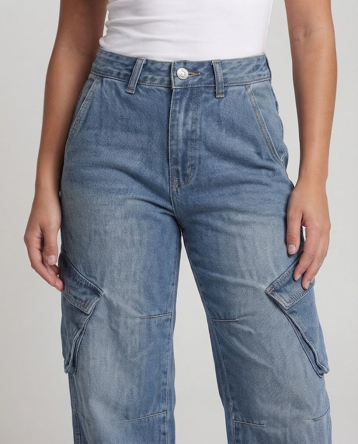 Women Wide Palazzo Denim Cargo Pants with Deep Crotch, Knee Panels, and Large Flap Pockets Mune Fashion