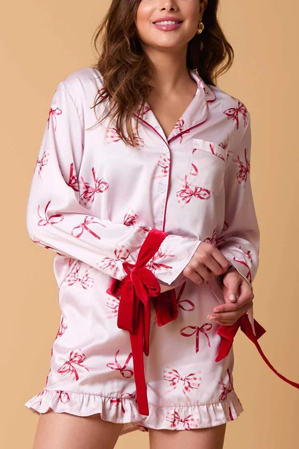 Mune | Christmas Fashion Printed Bow Top and Elastic Waist Ruffle Shorts Set