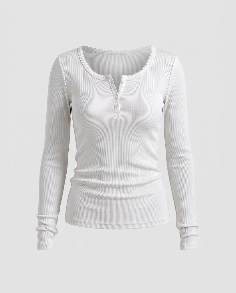 Women's Fitted Ribbed Long Sleeve Henley Shirt with Decorative Button Placket and Scalloped Edge Mune Fashion
