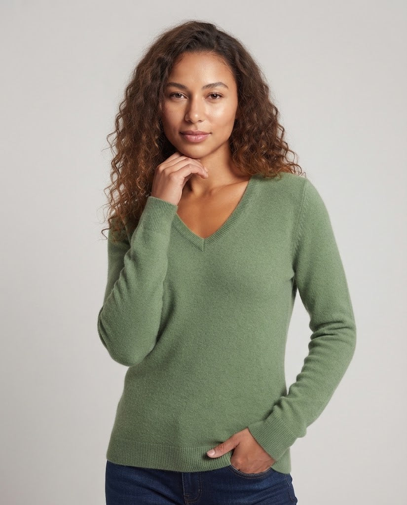 Women's Soft V-Neck Sweater in Angora Look with Mohair Mix and Ribbed Cuffs Mune Fashion