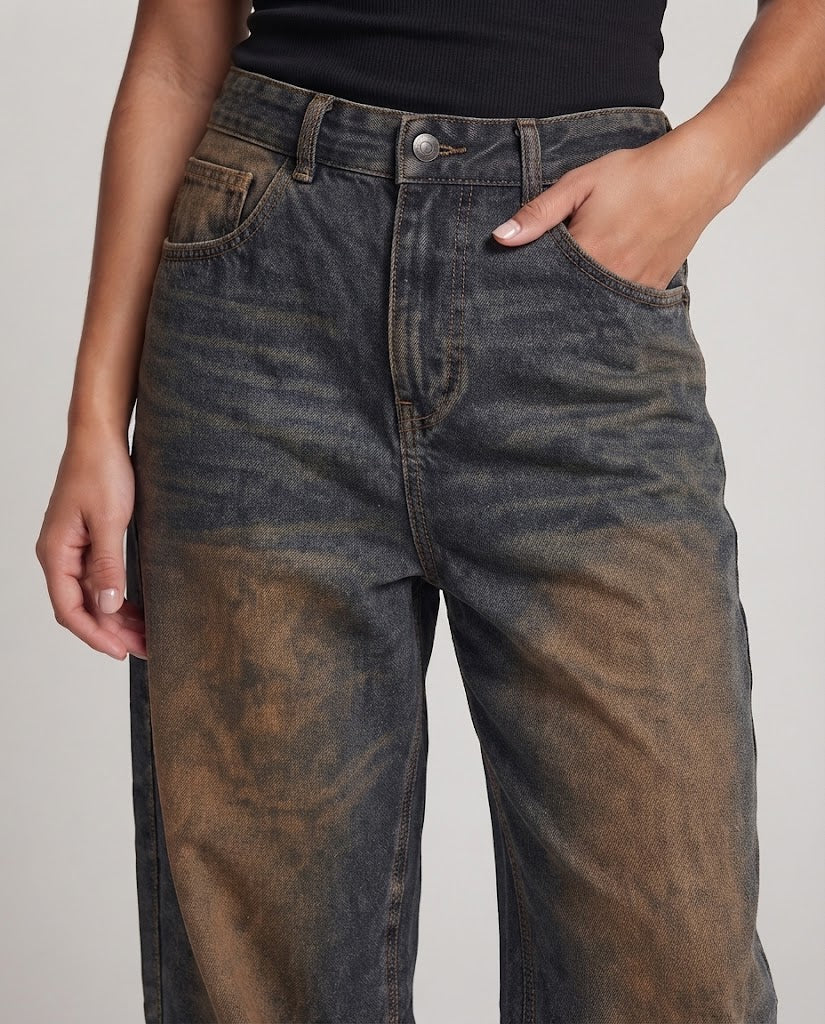 Women Extra Wide Palazzo Denim Jeans with Deep Crotch, Vintage Fade and Floor-Length Hem Mune Fashion