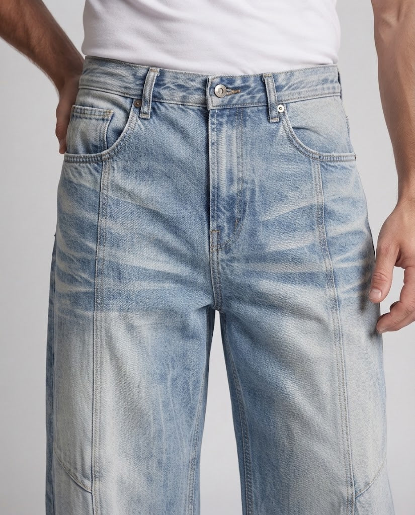 Men's Ultra Wide Denim Palazzo Jeans with Distinctive Pleat Look and Decorative Stitch Panels Mune Fashion