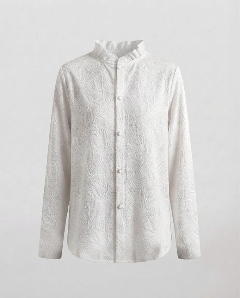 Women Elegant structured long sleeve blouse with ruffled stand-up collar and pearl button placket Mune Fashion