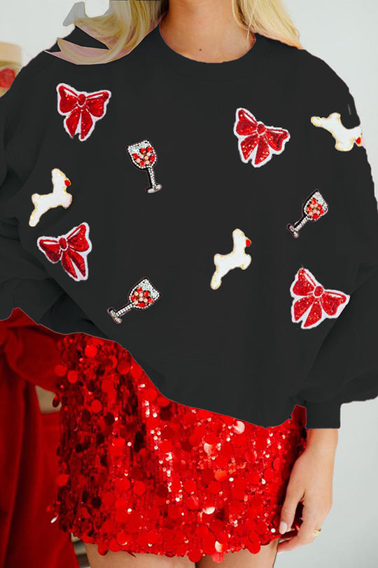 Mune | Christmas Bow Wine Glass Sequins Loose Long Sleeve Sweatshirt