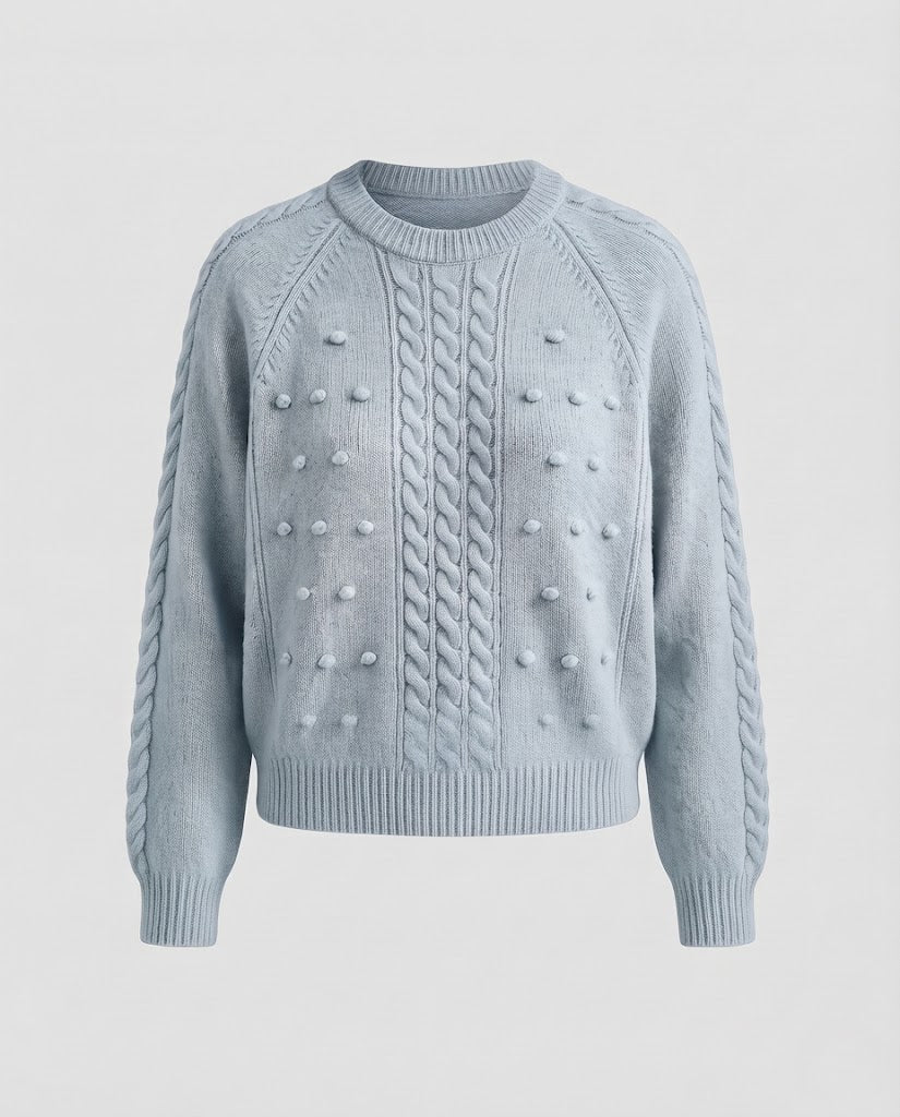Women's Chunky Knit Sweater with Cable Pattern and Pompom Structure Mune Fashion