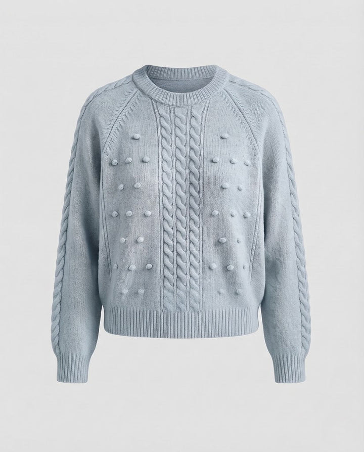 Women's Chunky Knit Sweater with Cable Pattern and Pompom Structure Mune Fashion