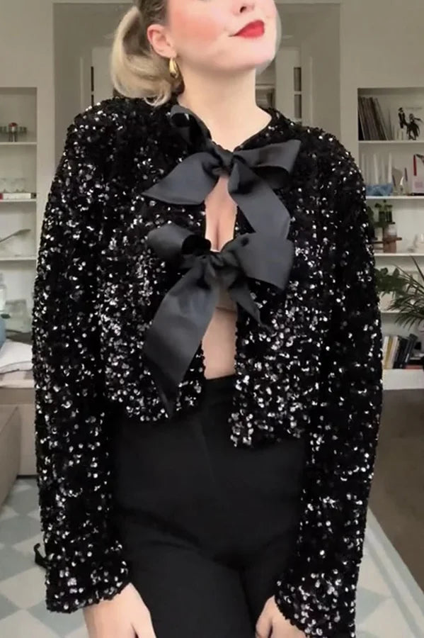 Mune | Options To Celebrate, Tie Front Bow Sequin Jacket