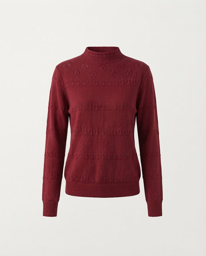 Ladies fine knit pullover with subtle lace stripe and short stand-up collar Mune Fashion