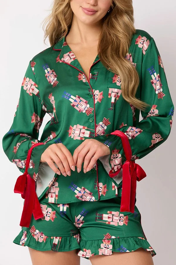 Mune | Christmas Fashion Printed Bow Top and Elastic Waist Ruffle Shorts Set