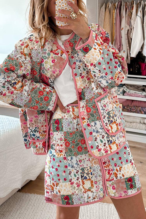 Mune | Patchwork Floral Pattern Print Button Closure with Pockets Quilted Lightweight Jacket