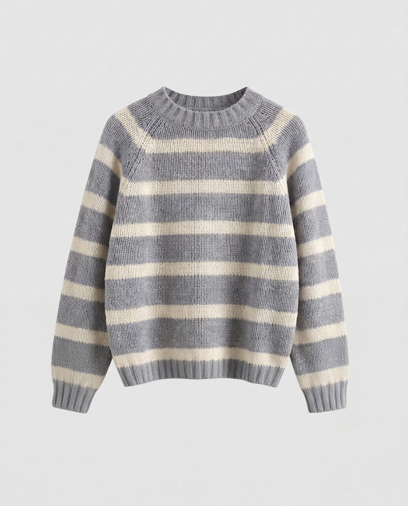 Women's Striped Boxy Knit Sweater with Chunky Stitch and Round Neckline Mune Fashion