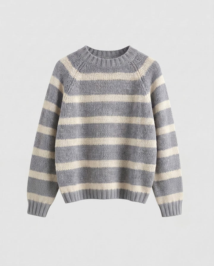 Women's Striped Boxy Knit Sweater with Chunky Stitch and Round Neckline Mune Fashion