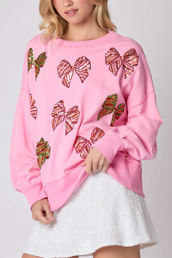 Mune | Christmas Bow Sequin Loose Casual Long Sleeve Sweatshirt
