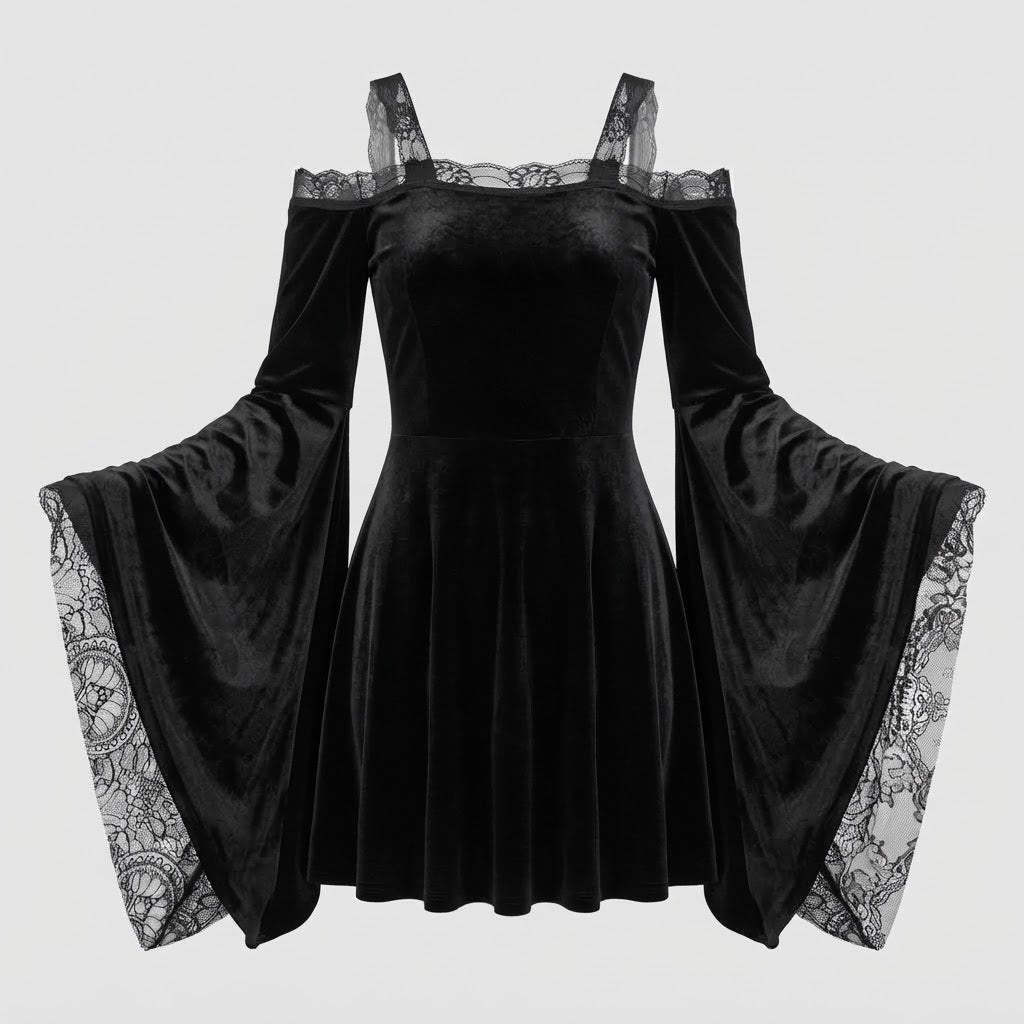 Women's Gothic Dress with Lace Sleeves and Flared Skirt Mune Fashion