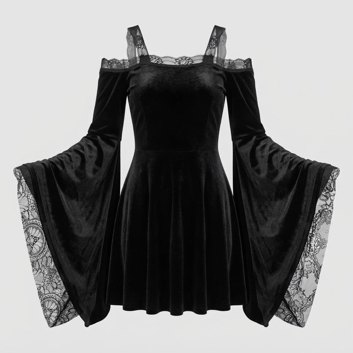 Women's Gothic Dress with Lace Sleeves and Flared Skirt Mune Fashion