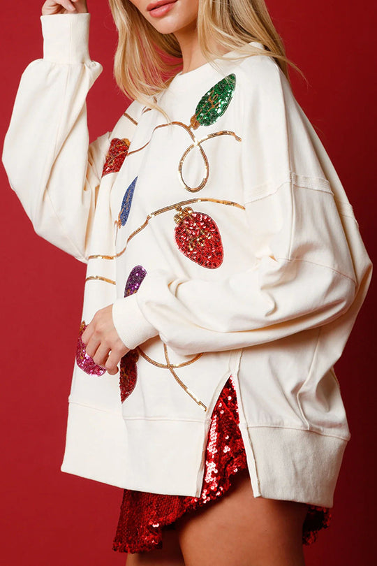 Mune | Christmas Lights Sequins Slit Pullover Sweatshirt