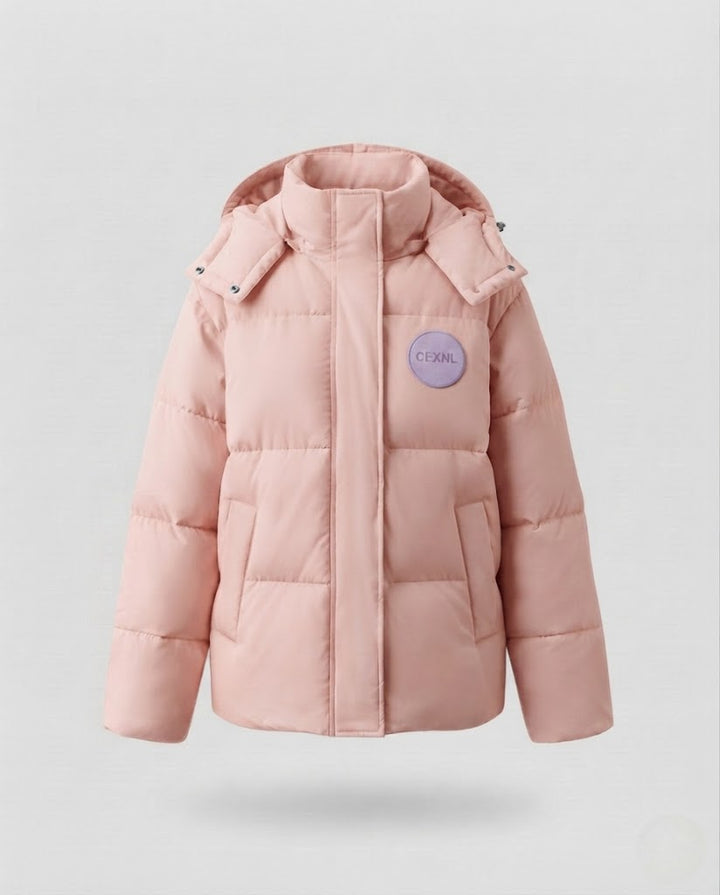 Women's oversized short quilted jacket with high stand-up collar and decorative patch application