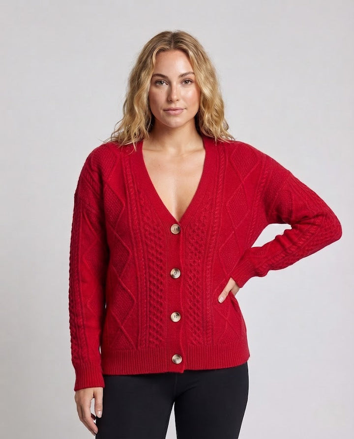 Women Fine Wool Blend Cardigan with Cable Pattern, V-Neck and Pearl Buttons Mune Fashion