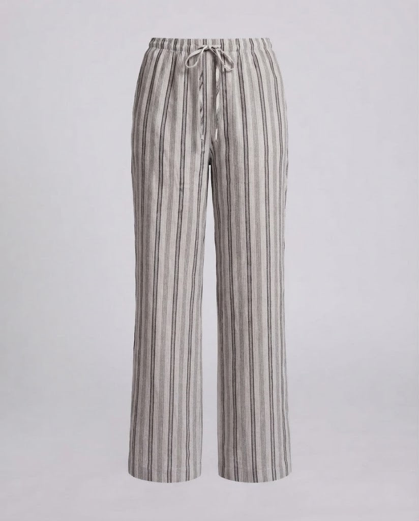 Women's Linen Look Wide Pants with High Elastic Waistband Drawstring and Vertical Stripes Mune Fashion