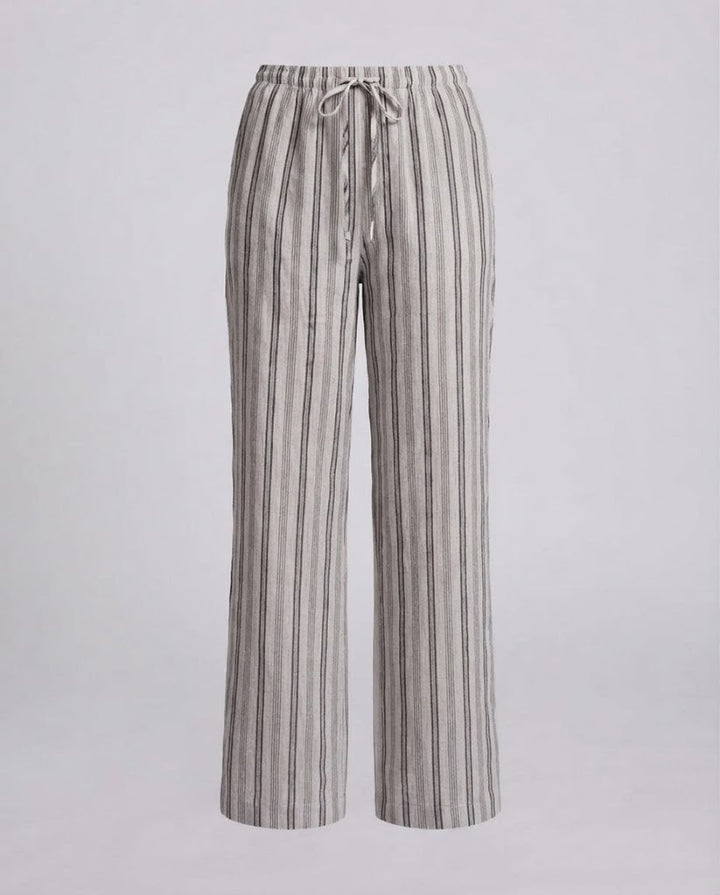 Women's Linen Look Wide Pants with High Elastic Waistband Drawstring and Vertical Stripes Mune Fashion