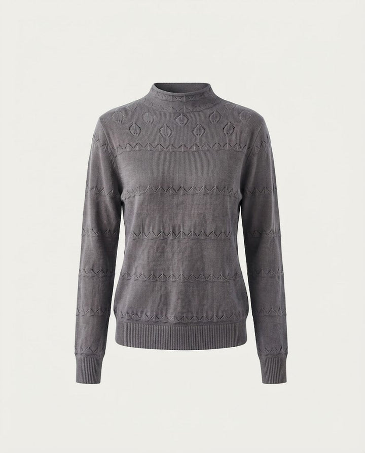 Ladies fine knit pullover with subtle lace stripe and short stand-up collar Mune Fashion