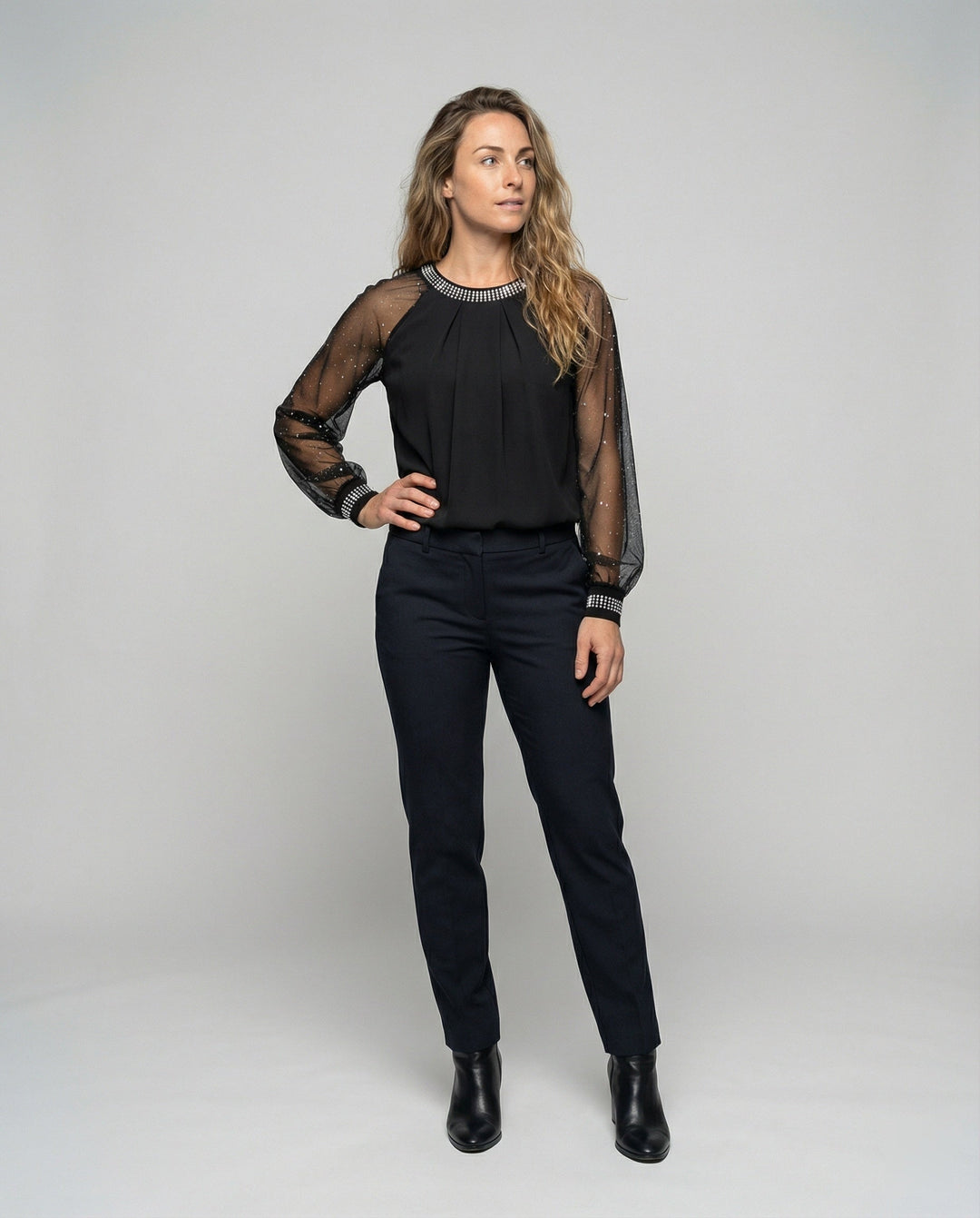 Mune Fashion Women's Mesh Blouse with Rhinestone Trim and Transparent Sleeves