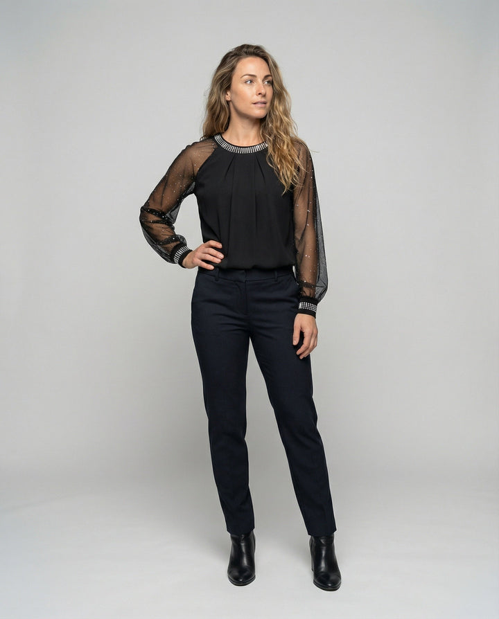 Mune Fashion Women's Mesh Blouse with Rhinestone Trim and Transparent Sleeves