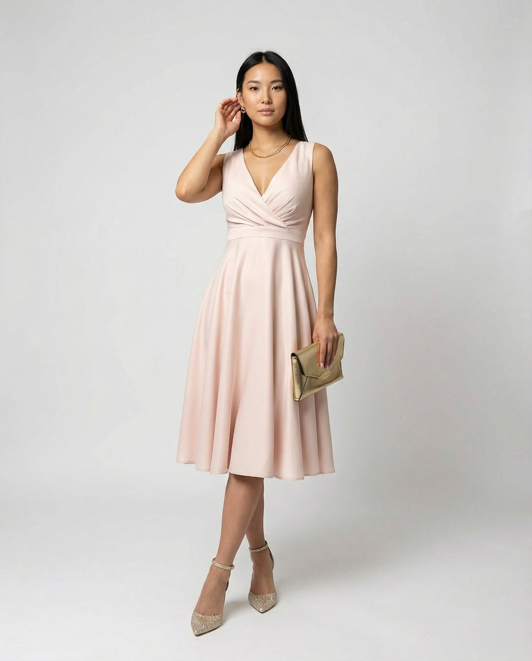 Midi dress in A-line, zipper, straps, V neck, sleeveless, elegant, for women, cocktail party