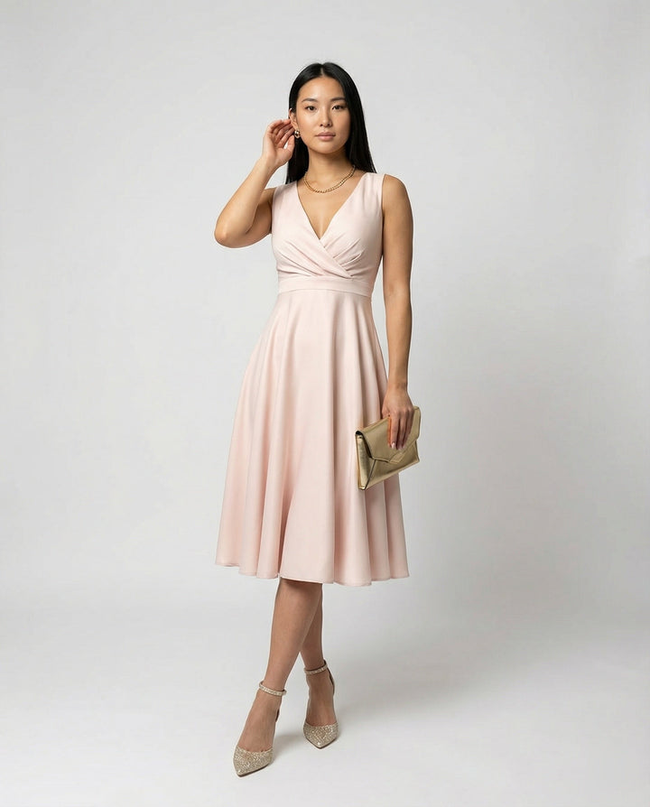 Midi dress in A-line, zipper, straps, V neck, sleeveless, elegant, for women, cocktail party