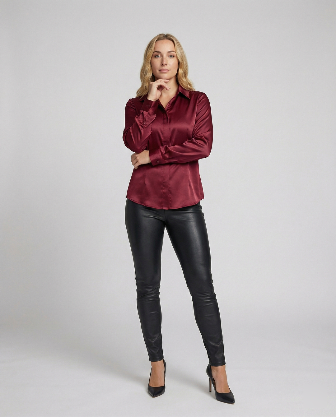 Ladies Satin Blouse with Classic Collar Mune Fashion