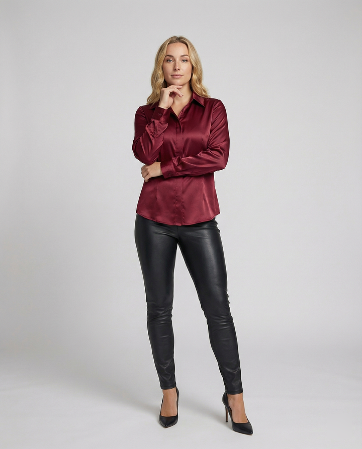 Ladies Satin Blouse with Classic Collar Mune Fashion