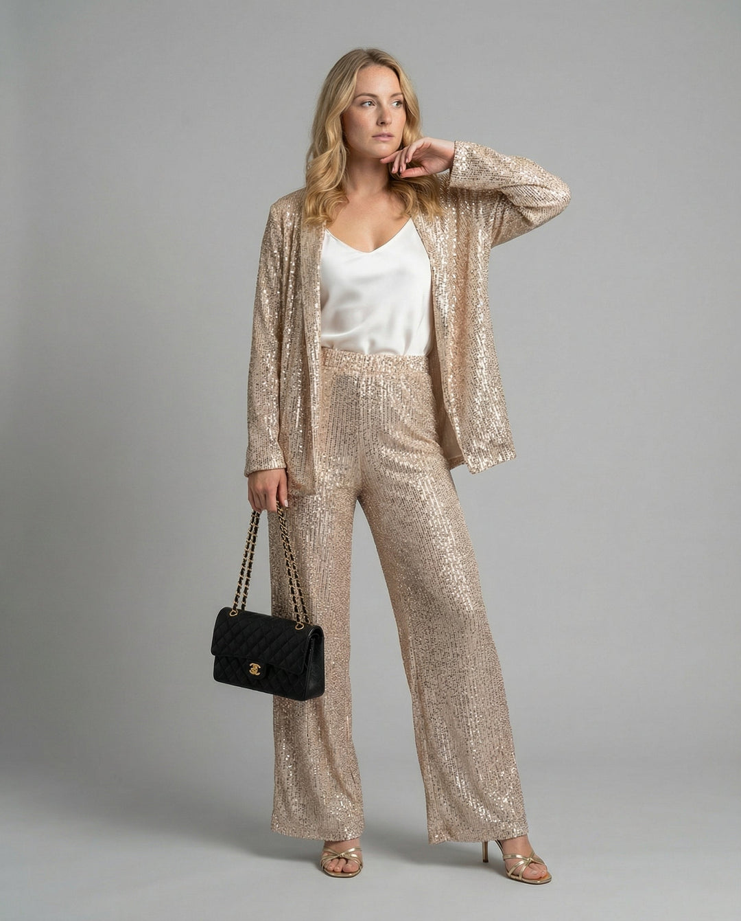 Women's Glittering Blazer Suit with Wide Leg and Shimmering Sequins Mune Fashion