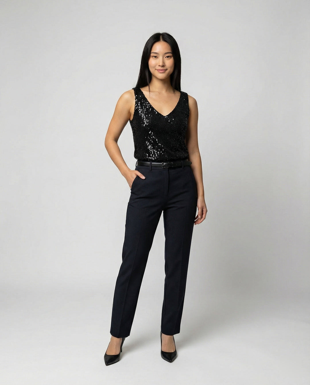 Women Glittering Top with V-Neck and Sparkling Sequin Trim Mune Fashion