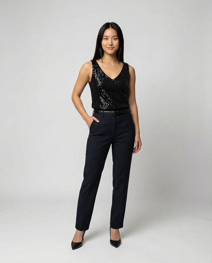 Women Glittering Top with V-Neck and Sparkling Sequin Trim Mune Fashion