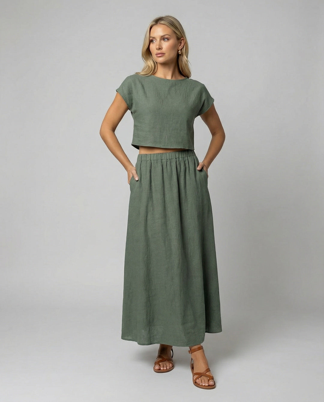 Ladies Elegant Two-Piece Set with Short Sleeve Top & Flowing Maxi Skirt | Mune Fashion