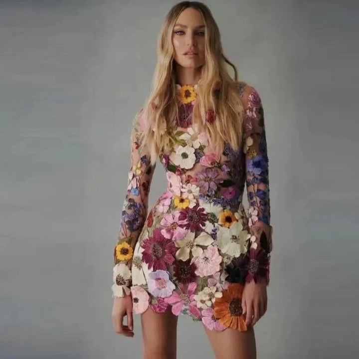 Mune | Mini dress with floral appliqués and transparent appearance