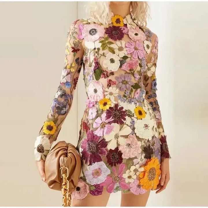 Mune | Mini dress with floral appliqués and transparent appearance