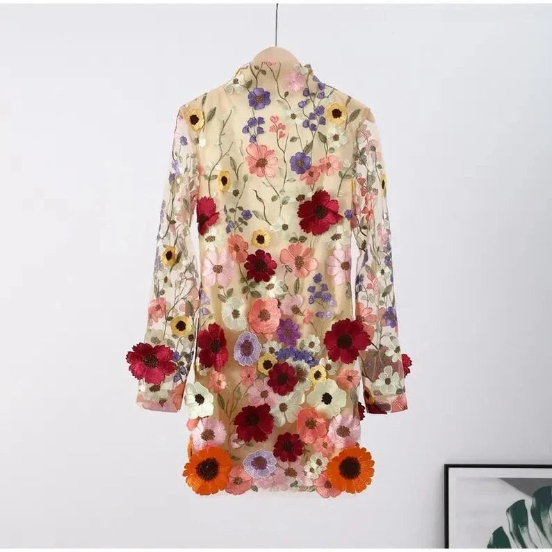 Mune | Mini Dress with Flower Applications and A Transparent Effect